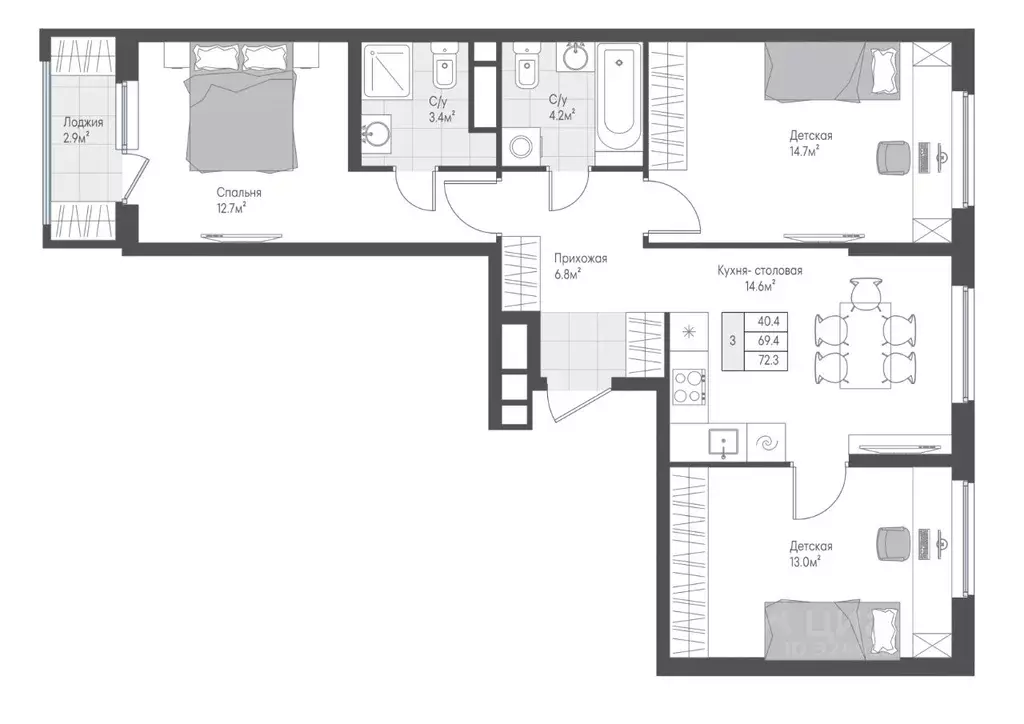 3-к кв. Тверская область, Тверь Лесная Мелодия-3 жилой комплекс (70.85 ... - Фото 2