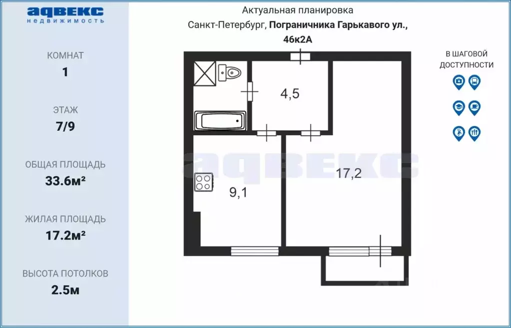 1-к кв. Санкт-Петербург ул. Пограничника Гарькавого, 46К2 (33.6 м) - Фото 1