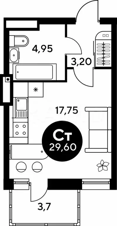 Квартира-студия, 30,4 м, 5/9 эт. - Фото 0