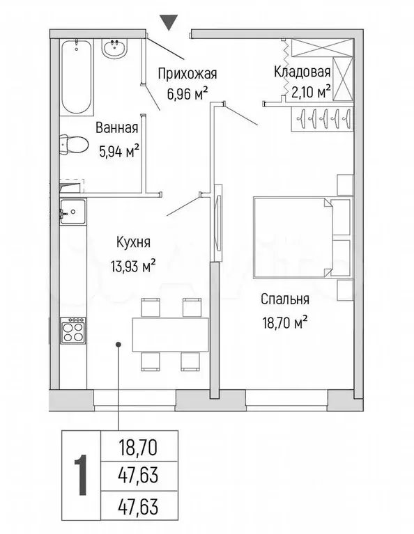 1-к. квартира, 47,6 м, 1/9 эт. - Фото 0