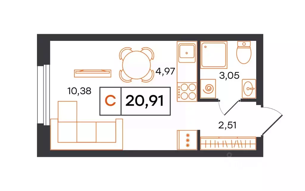 Студия Тюменская область, Тюмень Полевая ул., 117к12 (20.91 м) - Фото 1