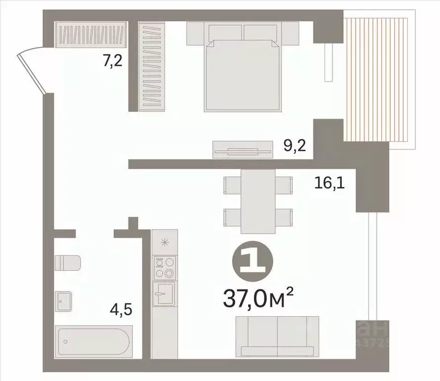 1-к кв. Омская область, Омск ул. Герцена, 270 (37.0 м) - Фото 1