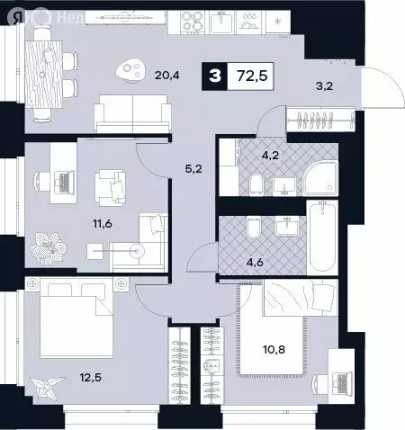 3-комнатная квартира: Москва, Лодочная улица, 27к2 (72.5 м) - Фото 0