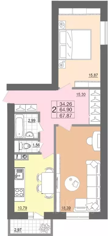 2-к кв. смоленская область, смоленск вяземская ул, 34б (68.38 м) - Фото 0