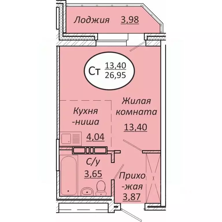 Студия Новосибирская область, Новосибирск  (26.95 м) - Фото 0