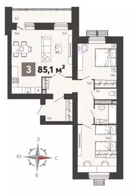Квартира, 3 комнаты, 85.1 м - Фото 1