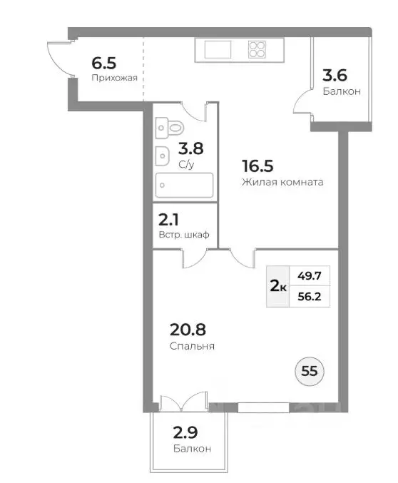 2-к кв. Калининградская область, Зеленоградск ул. Тургенева, 7 (56.7 ... - Фото 2
