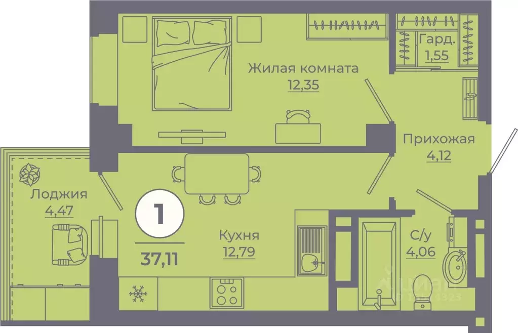 1-к кв. Ростовская область, Ростов-на-Дону ул. Еременко, 113 (37.11 м) - Фото 1