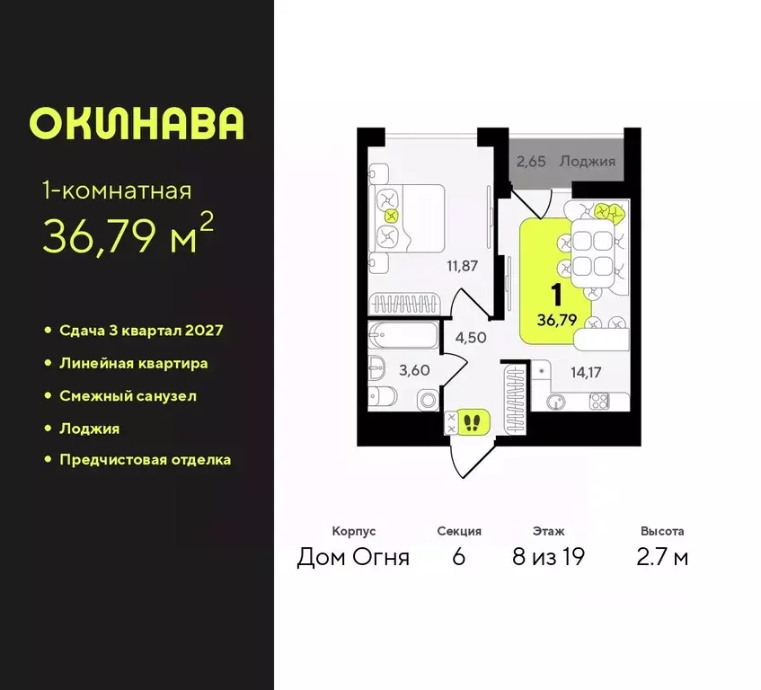 1-к кв. Тюменская область, Тюмень Окинава жилой комплекс (36.79 м) - Фото 0