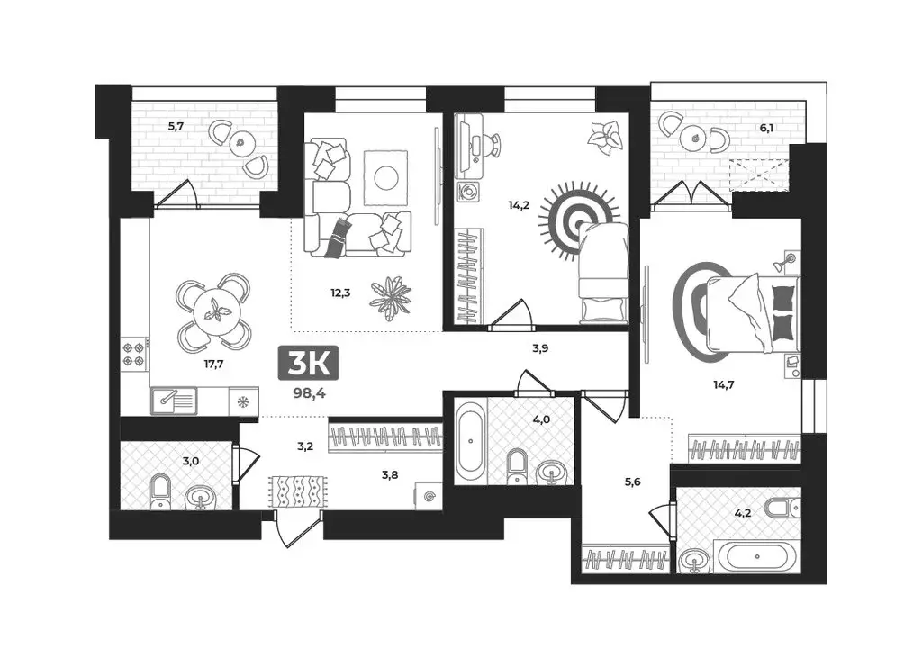 3-комнатная квартира: Тюмень, улица Братьев Бондаревых, 5 (96.7 м) - Фото 1