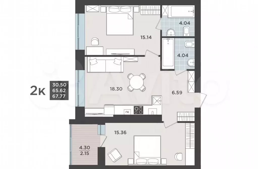 2-к. квартира, 65,6 м, 2/9 эт. - Фото 1