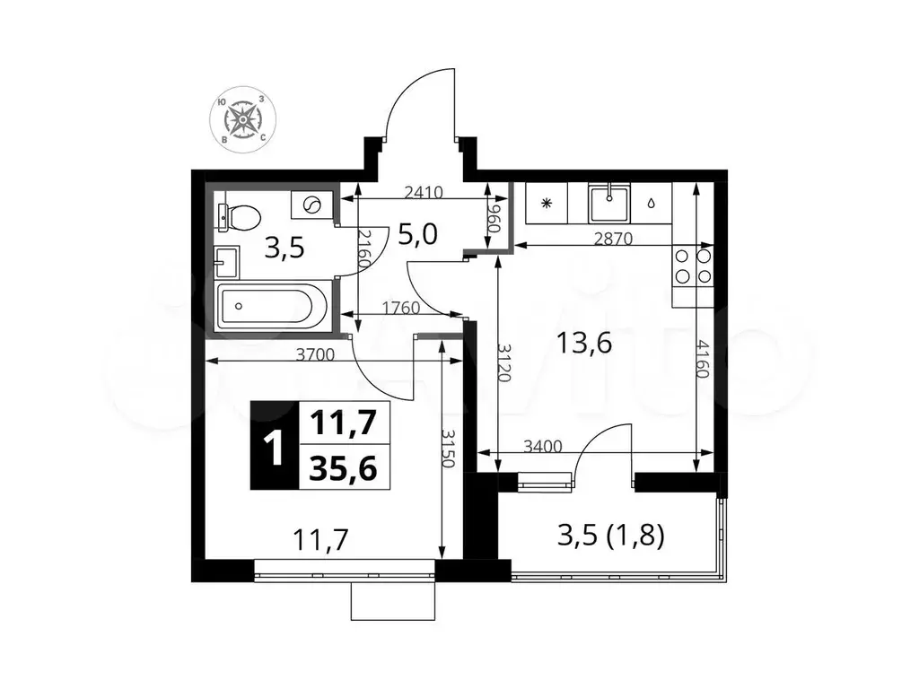 1-к. квартира, 35,6м, 2/16эт. - Фото 0