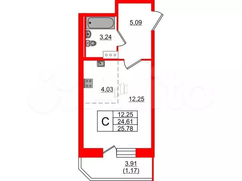 Квартира-студия, 25,8 м, 6/10 эт. - Фото 0