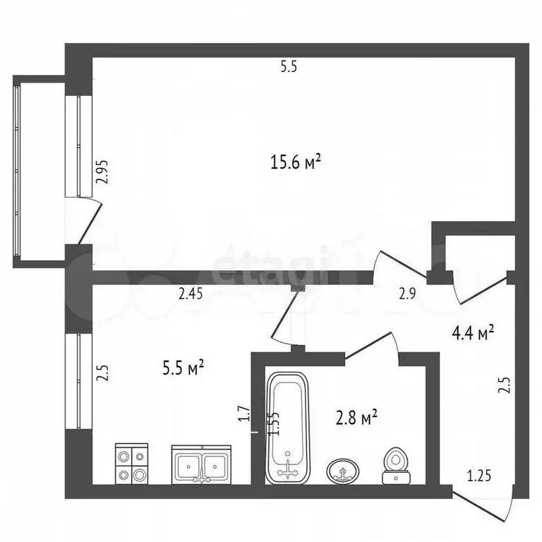 1-к. квартира, 28,8 м, 4/5 эт. - Фото 0