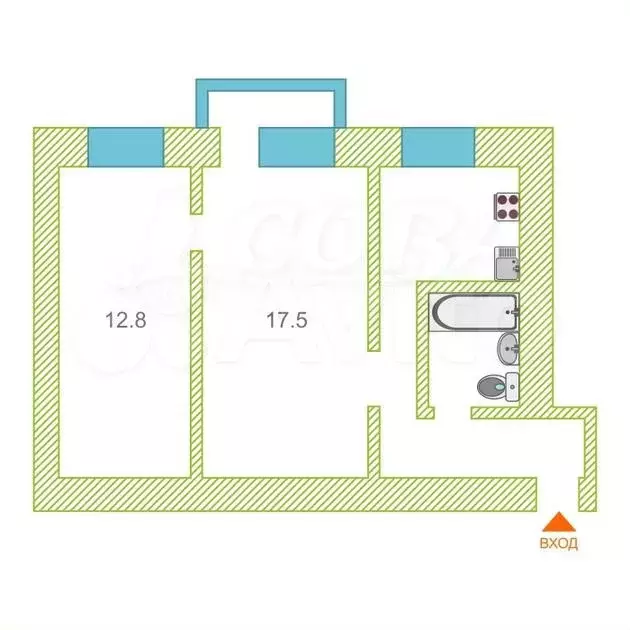 2-к. квартира, 46,5 м, 4/5 эт. - Фото 0