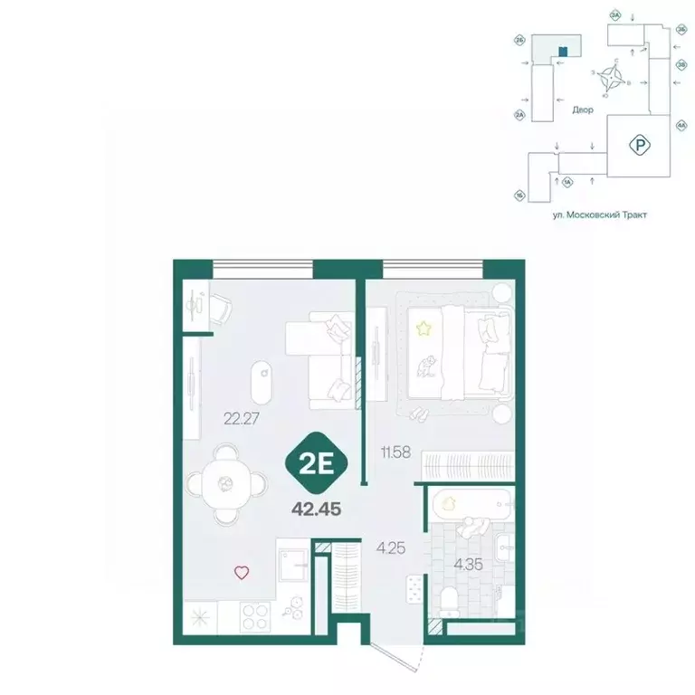 2-к кв. Тюменская область, Тюмень Сибирский жилой комплекс (42.45 м) - Фото 1