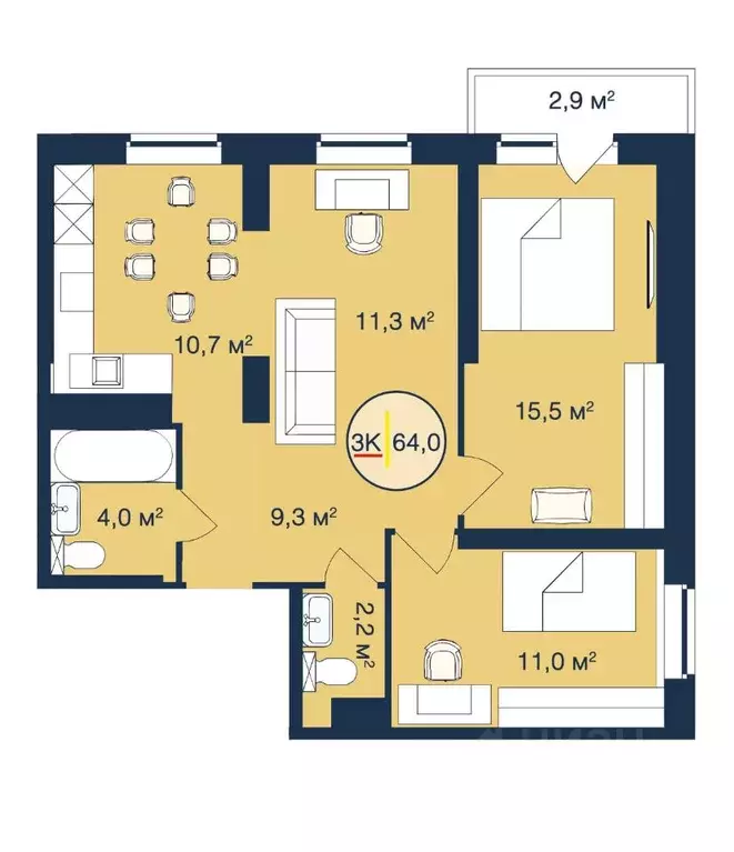 3-к кв. Тюменская область, Тюмень Таежная ул., 2 (64.0 м) - Фото 0