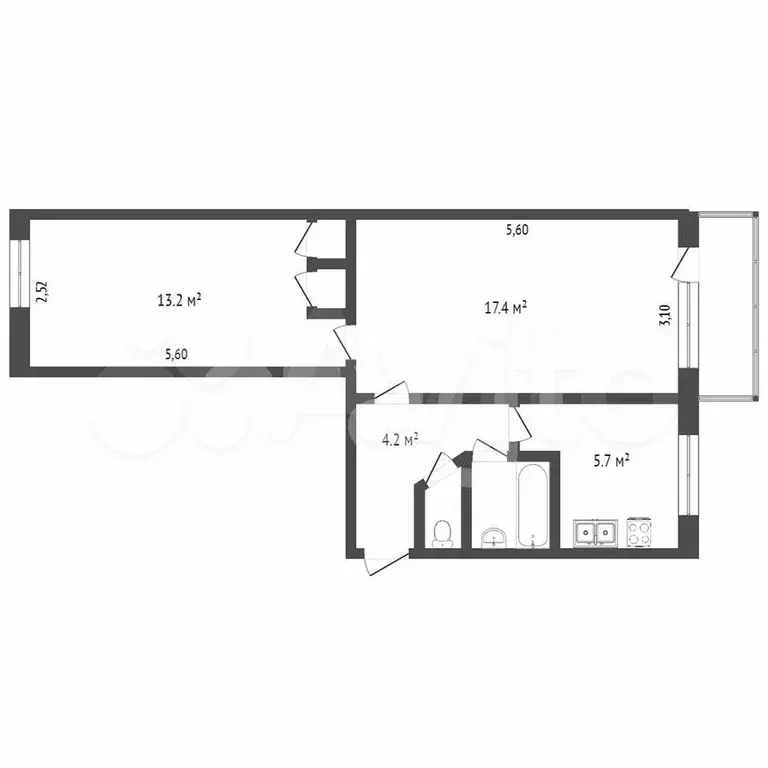 2-к. квартира, 54,3 м, 4/5 эт. - Фото 0