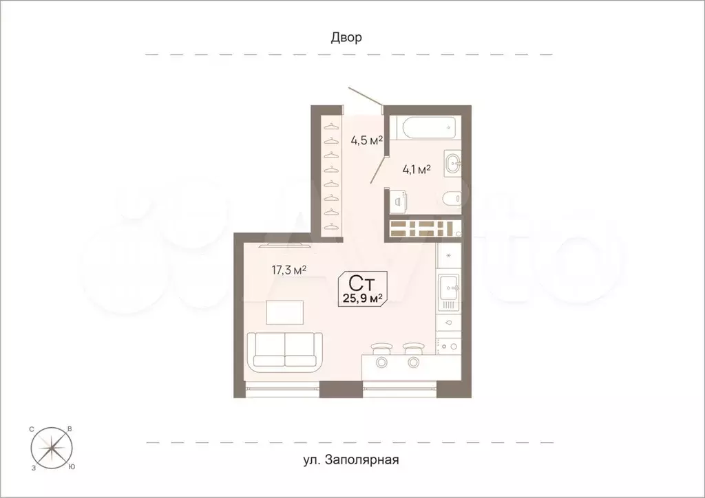 Квартира-студия, 25,9 м, 11/15 эт. - Фото 0