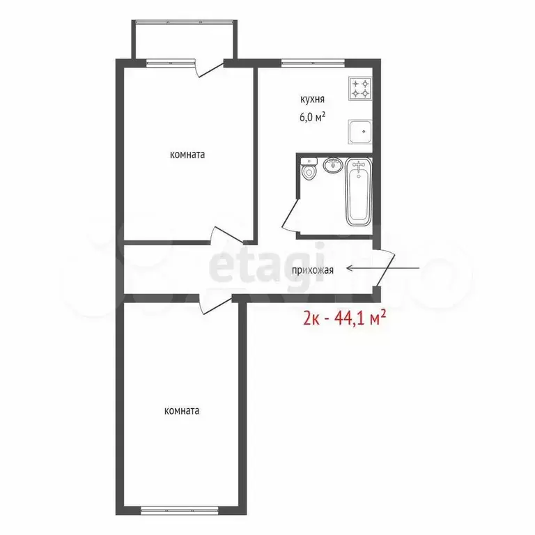 2-к. квартира, 44,1 м, 5/5 эт. - Фото 0