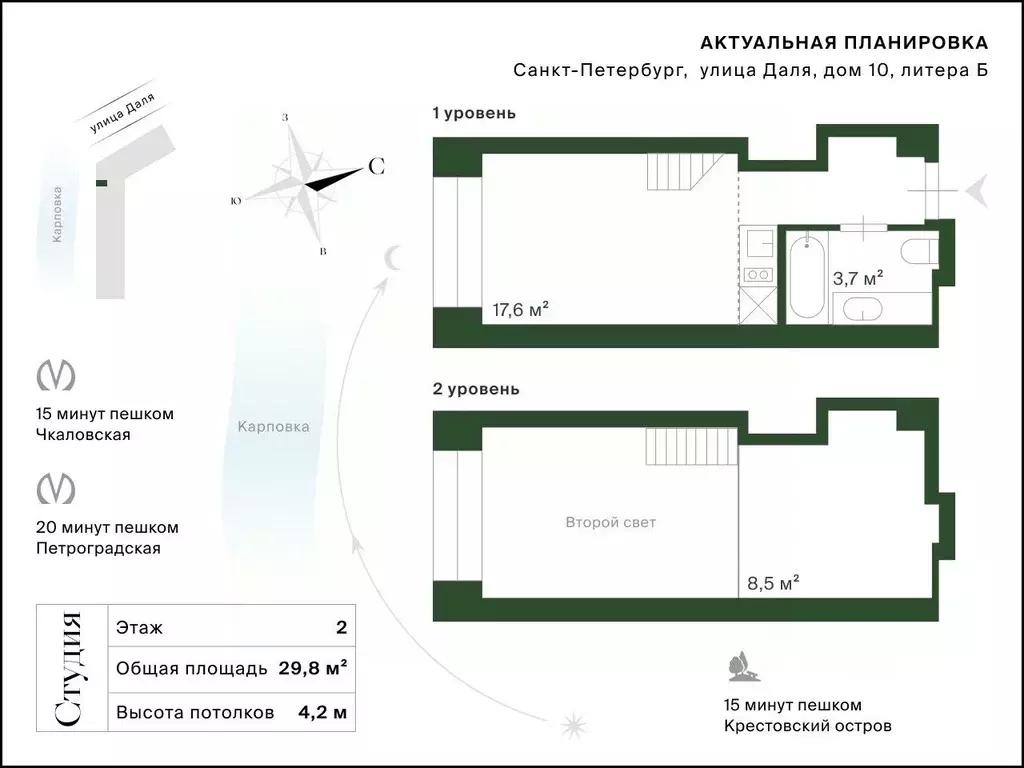 Студия Санкт-Петербург ул. Даля, 10Б (29.8 м) - Фото 2