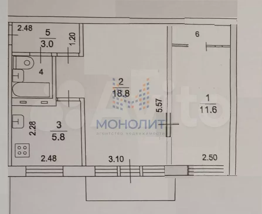 2-к. квартира, 45 м, 1/5 эт. - Фото 0