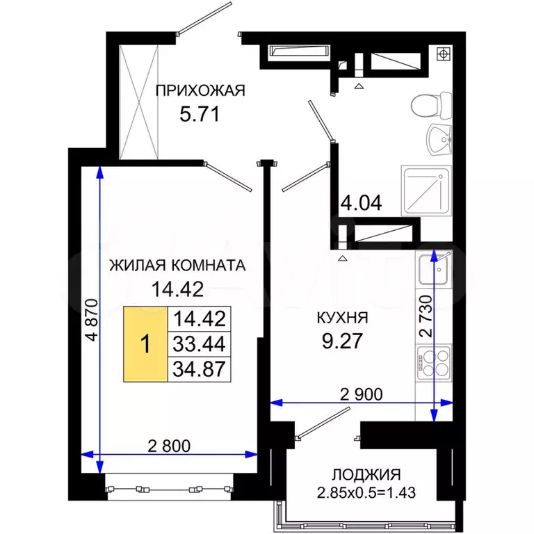 1-к. квартира, 34,9 м, 5/25 эт. - Фото 0