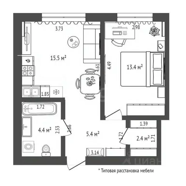 1-к кв. Тюменская область, Тюмень Новгородская ул., 22 (41.1 м) - Фото 2
