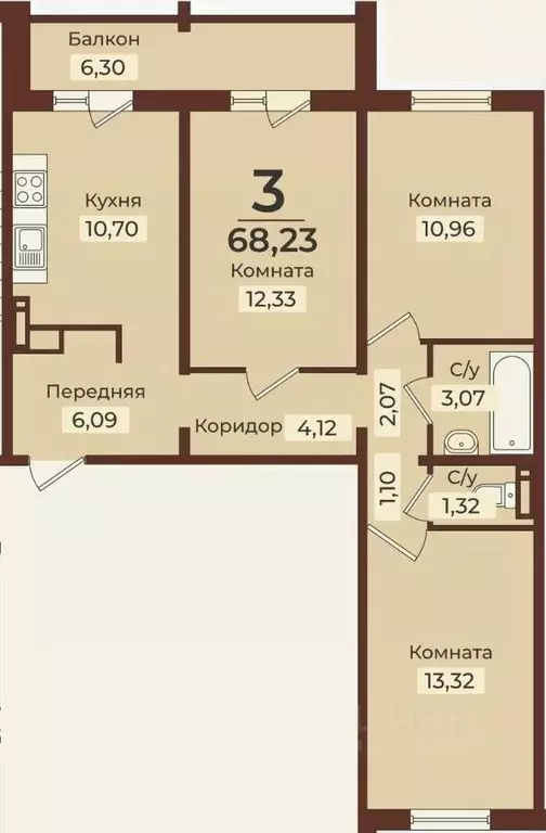 3-к кв. Челябинская область, Озерск Цветочная ул., 6 (68.23 м) - Фото 1