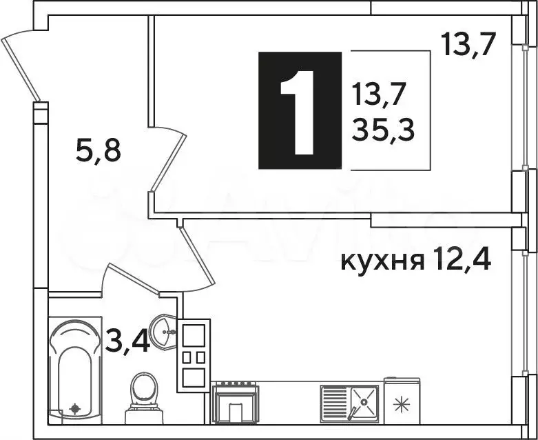 1-к. квартира, 35,3м, 5/16эт. - Фото 1