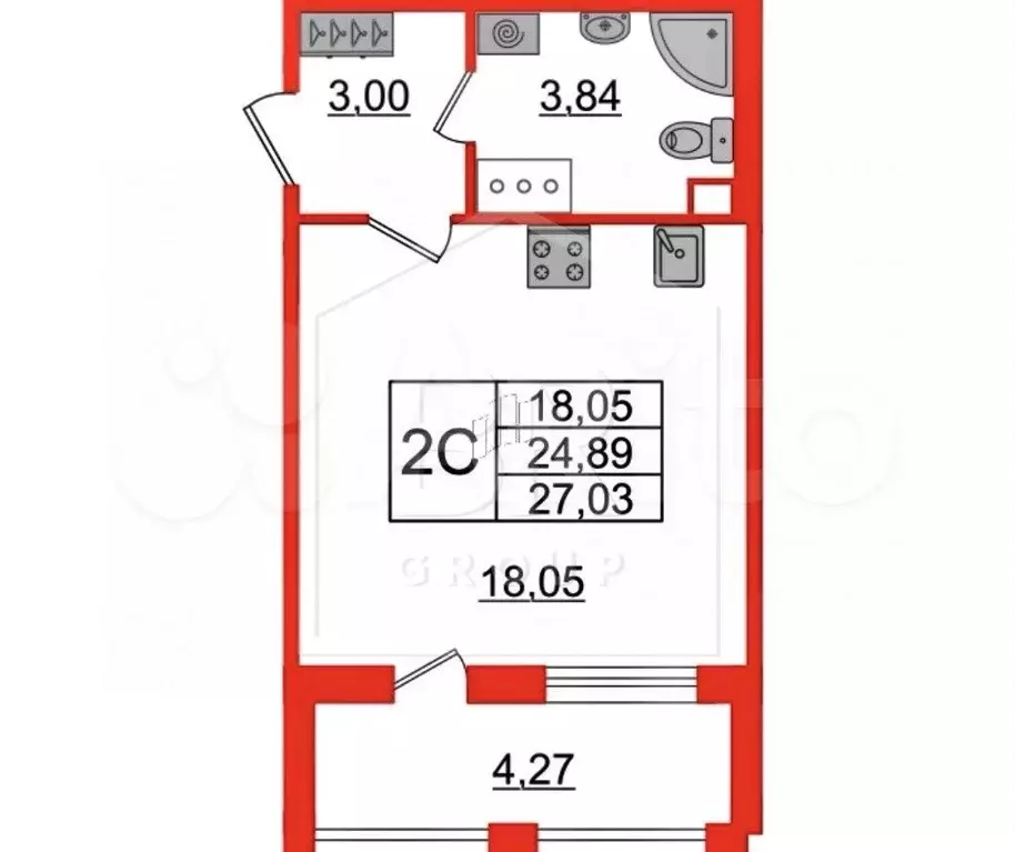 Квартира-студия, 24,9 м, 3/12 эт. - Фото 1