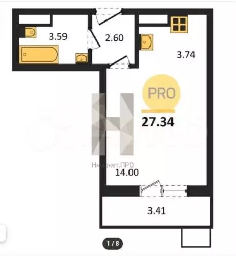 Квартира-студия, 27,4 м, 3/16 эт. - Фото 1