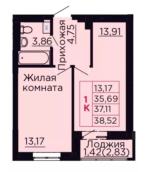 1-к квартира, 37.11 м - Фото 0
