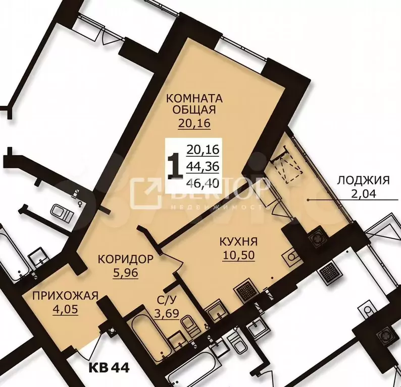 1-к. квартира, 46,5 м, 1/6 эт. - Фото 0