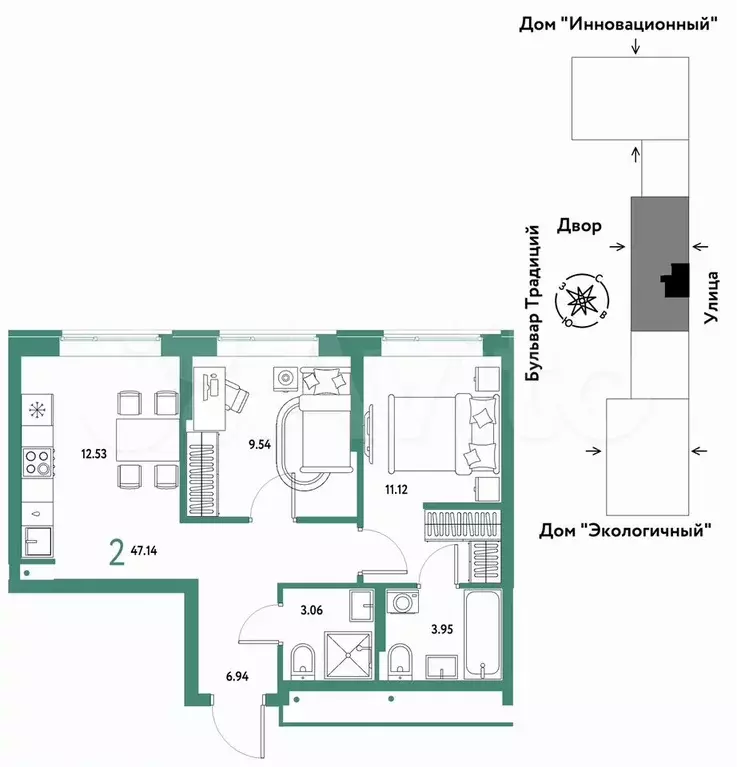 2-к. квартира, 47,1 м, 4/15 эт. - Фото 0