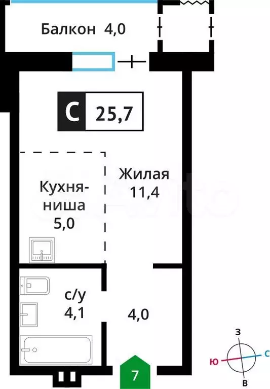 Квартира-студия, 25,7 м, 2/6 эт. - Фото 0