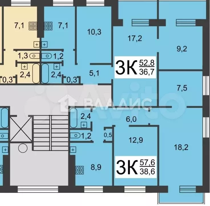 3-к. квартира, 57,6 м, 7/9 эт. - Фото 0