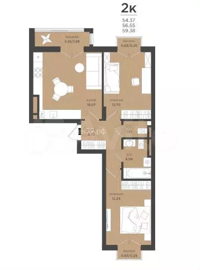 2-к. квартира, 56,7 м, 2/4 эт. - Фото 1
