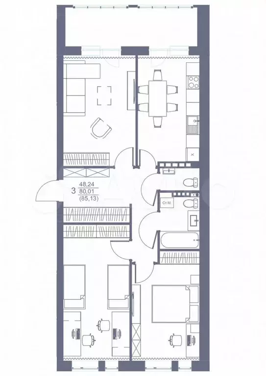 3-к. квартира, 85,1 м, 3/3 эт. - Фото 1