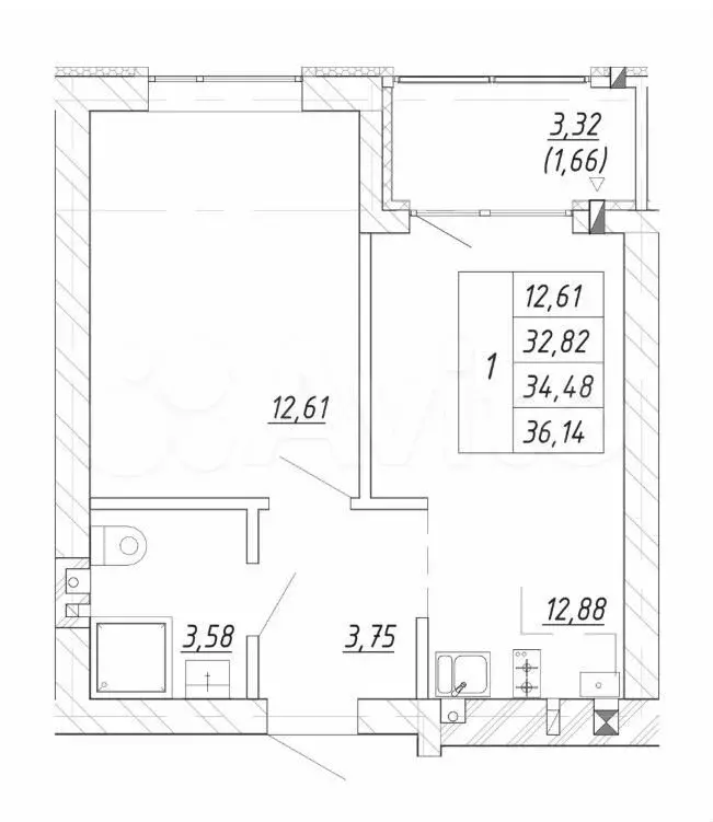 1-к. квартира, 34,5 м, 2/4 эт. - Фото 1