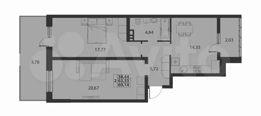 2-к. квартира, 69,1 м, 1/7 эт. - Фото 1