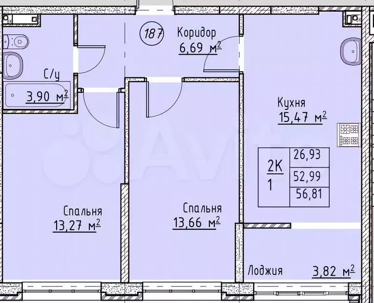 2-к. квартира, 58м, 2/19эт. - Фото 1