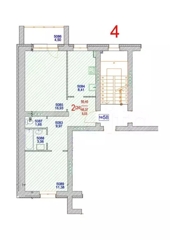 2-к. квартира, 53,9 м, 5/5 эт. - Фото 0