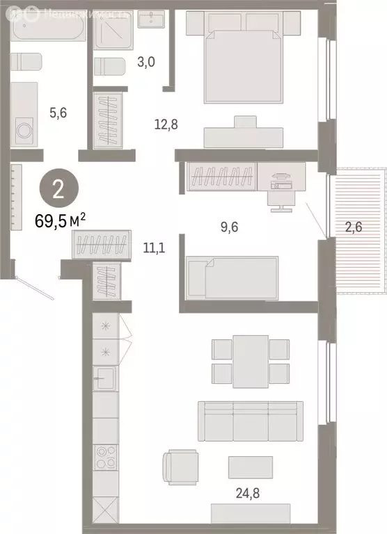 2-комнатная квартира: Тюмень, Мысовская улица, 26к2 (69.52 м) - Фото 1