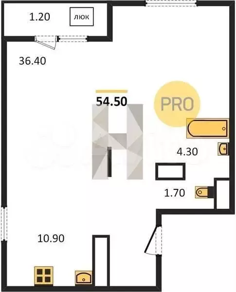 1-к. квартира, 54,5м, 20/21эт. - Фото 1