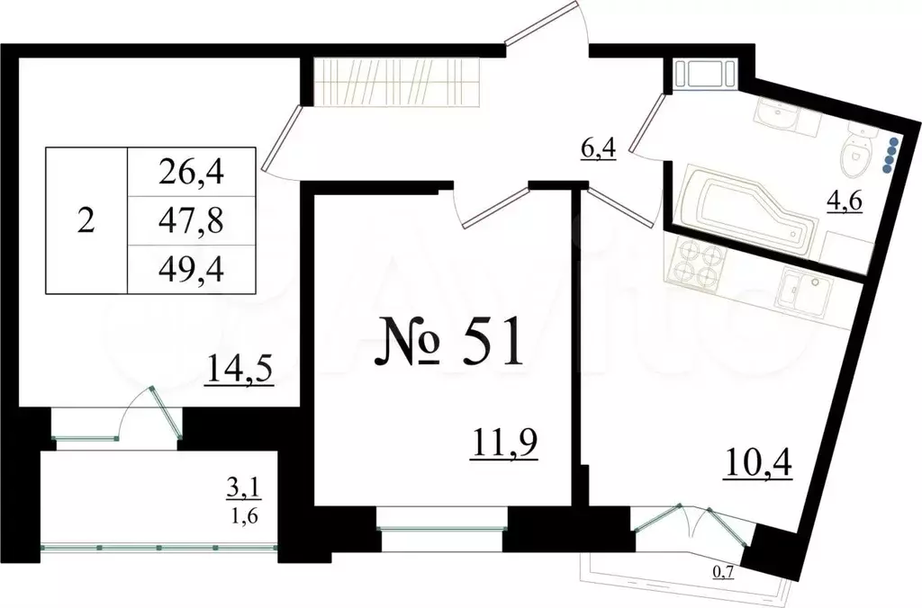 2-к. квартира, 49,4 м, 6/8 эт. - Фото 0