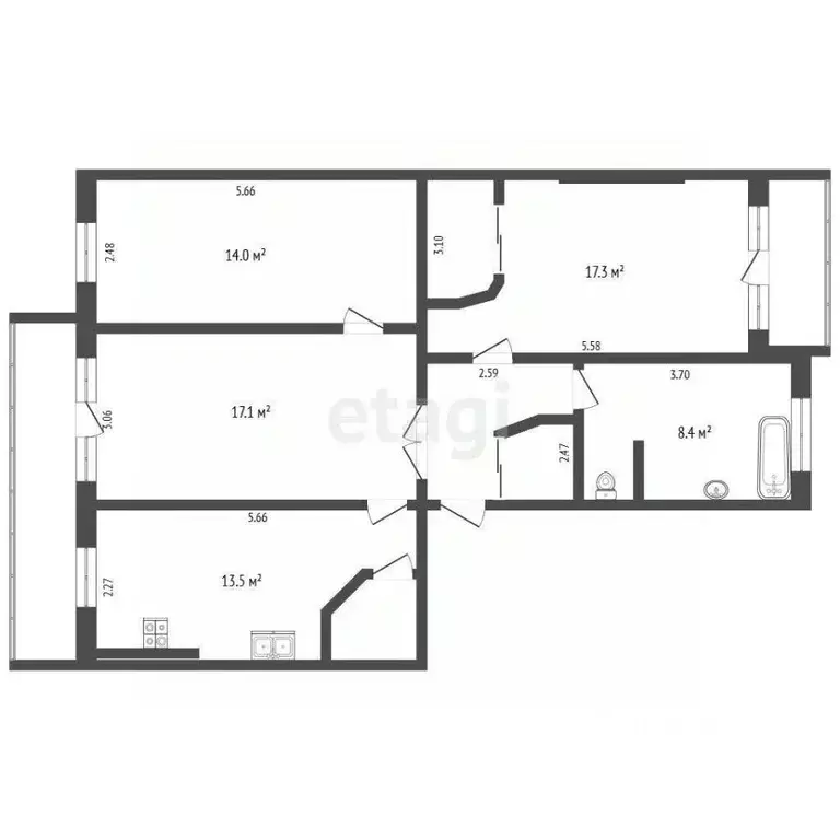 3-к кв. Челябинская область, Челябинск Солнечная ул., 12А (76.7 м) - Фото 1