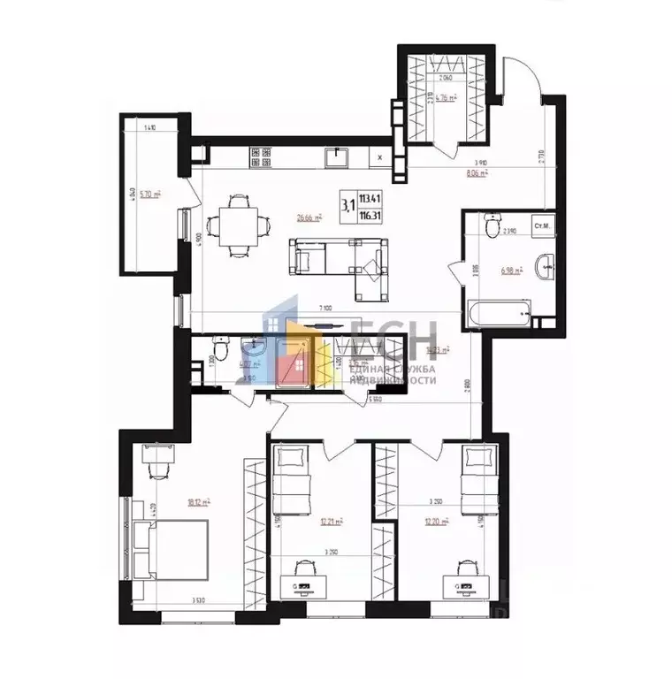 3-к кв. Тульская область, Тула Гоголевская ул., 57 (116.0 м) - Фото 2