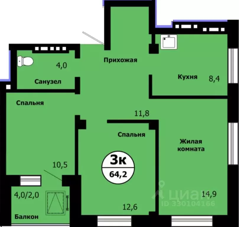 3-к кв. Красноярский край, Красноярск ул. Лесников, 51 (64.3 м) - Фото 1