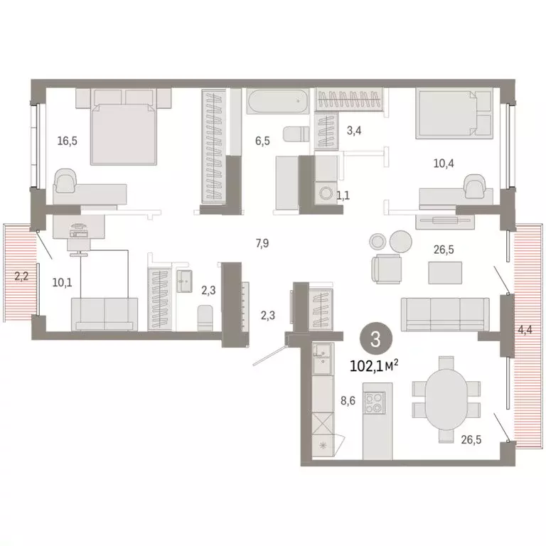 3-комнатная квартира: Омск, Кировский округ (102.09 м) - Фото 1
